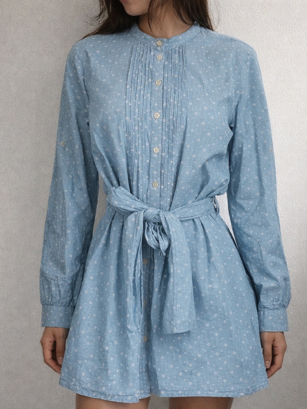 What Goes Around Comes Around Blue Pintuck Shirt Dress Small Cottage Prairie